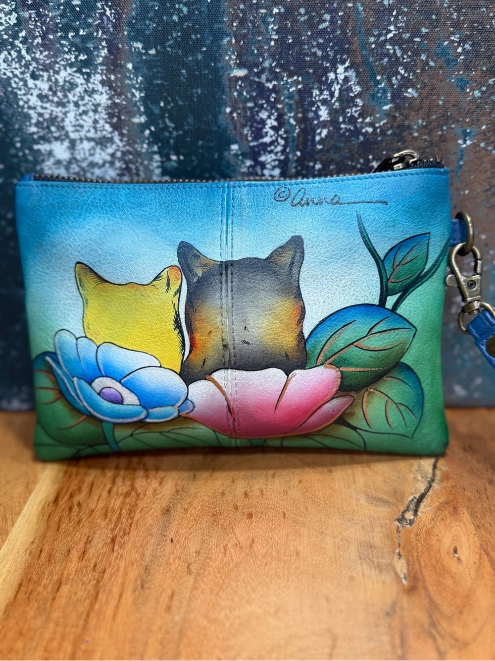 Anna by Anuschka Boho Hand Painted Two Cats Leather Wristlet Wallet - Picture 2 of 10